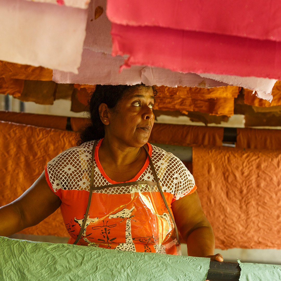 A Kadadasi papermaker among freshly dyed sheets of handmade paper drying on racks